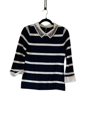 Belldini Navy & White Striped Long Sleeve Top with Jeweled Collar and Cuffs SM